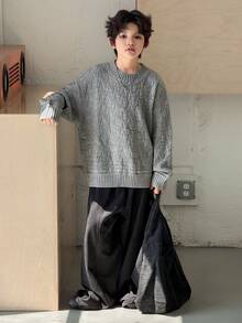 DAZY Tween Boys Grey Knitwear Pullover Sweater Regular Length Round Neck Drop Shoulder Long Sleeve Plain Design - Grey - View 4