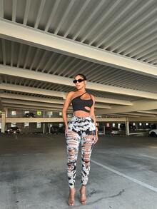SHEIN SXY Women Tie Dye Printed Ripped & Pleated Stylish Leggings - Multicolor - View 4
