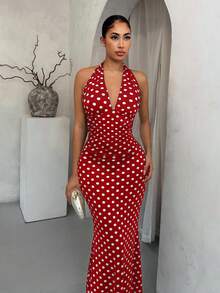 SHEIN SXY 女式性感深V领波尔卡圆点优雅吊带鱼尾下摆连衣裙 - 玫瑰紅 - 查看 3