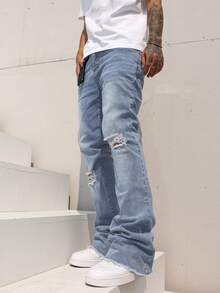 Manfinity Homme Quần jeans ống loe ống rộng, rách gấu dành cho nam - Rửa nhẹ - Xem 5