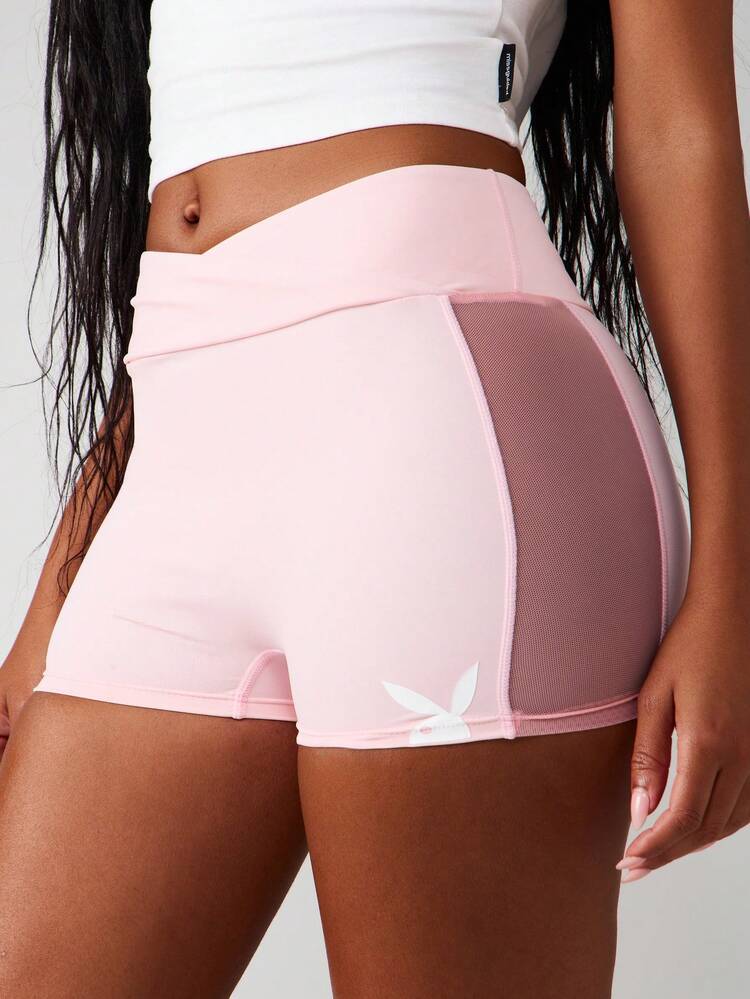 Missguided x Playboy High Waisted Athletic Shorts With Cut Out Detail And Text Print