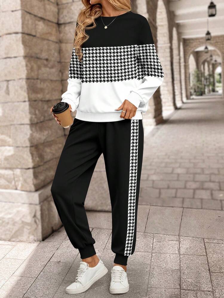 Women's Long Sleeve Leopard Print Patchwork Sweatshirt And Long Sweatpants Winter Sets Two Pieces Set Women