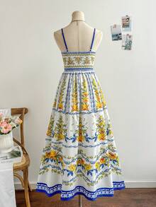 Soleia Váy midi chữ A thắt eo họa tiết hoa nhiệt đới màu xanh và vàng dành cho nữ, đi nghỉ - Nhiều màu - Xem 2
