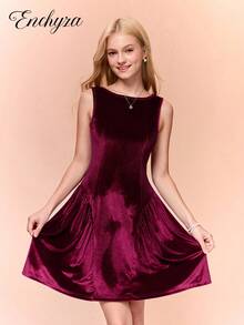 Robe courte élégante de princesse pour filles adolescentes, décolleté carré, sans manches, taille cintrée. Robe de cocktail en velours rouge vin - Rouge foncé - Voir 2