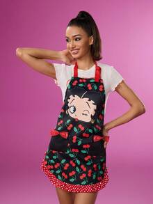 Betty Boop x SHEIN 1pc Cherry Print Apron, Cute Bow Pocket Design, Comfortable And Soft, A Must-Have For Kitchen Baking,Gift Ideas,Party,Holiday,Valentine's Day - Black - View 4