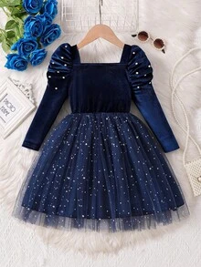 Elladie kids 年轻女孩时尚优雅勃艮第星亮片网纱薄纱连衣裙，宝石领长袖蝴蝶结装饰公主派对礼服，春/秋 - 寶藍色 - 查看 2