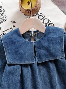 SHEIN X GALILEA Elladie kids 女童海軍藍公主牛仔洋裝，夏季開學燈籠袖牛仔裙，7歲生日職業日波希米亞休閒寬鬆秋季女童服飾 - 藍色 - 查看 5