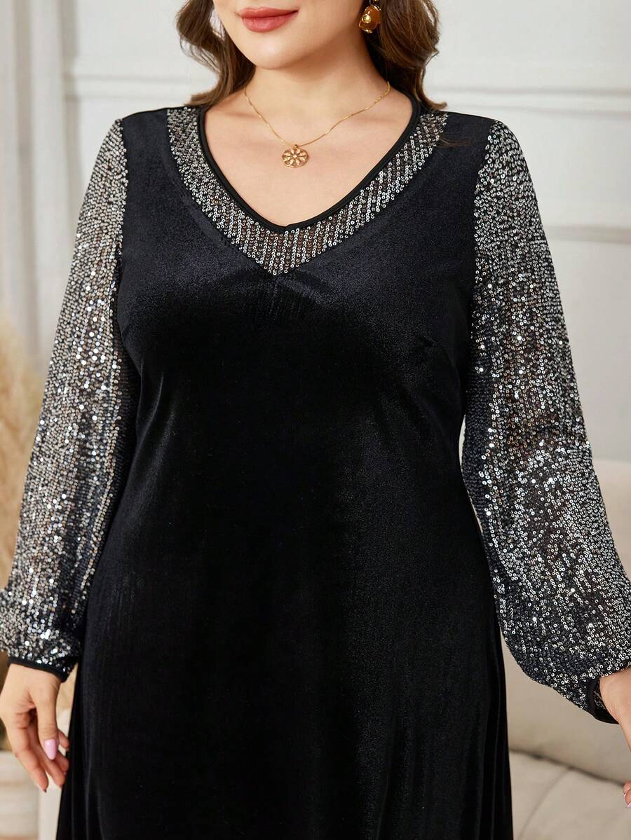 Lacomfia فستان طويل فضفاض من القطيفة المرصع بالترتر للنساء ذوات الحجم الكبير، خريف/شتاء