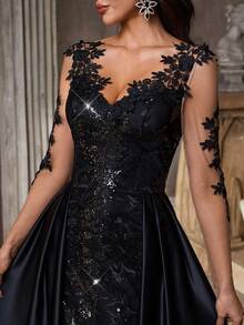 Aureia Váy maxi dài tay cổ chữ V bằng vải satin mỏng đính hạt sequin đen thanh lịch, đuôi cá dài thướt tha, phù hợp cho mọi dịp trang trọng, đám cưới, sự kiện, hẹn hò, kỳ nghỉ, tiệc tùng, dạ tiệc - màu đen - Xem 5