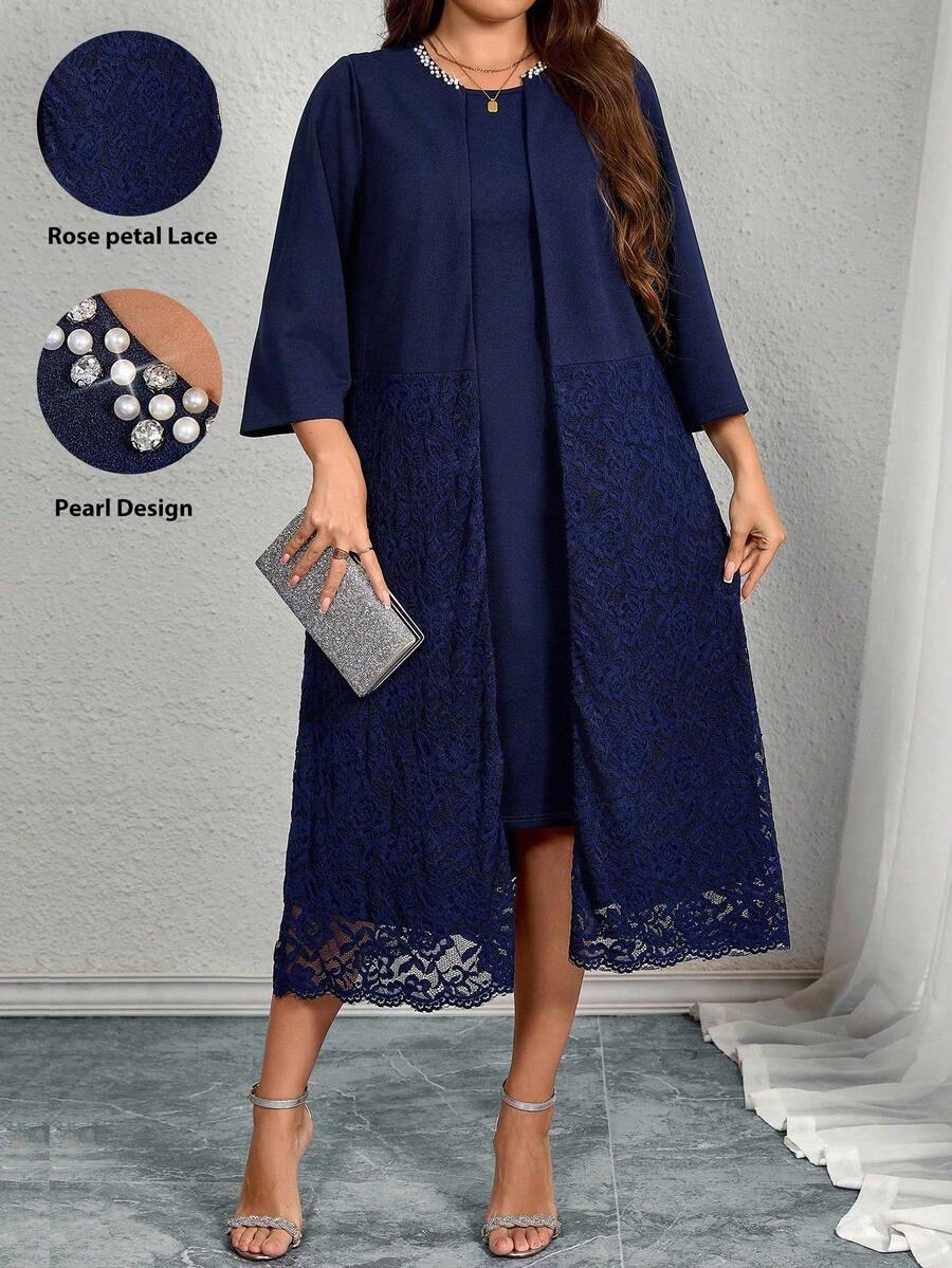 EMERY ROSE 大码女式两件套：优雅水钻装饰圆领 3/4 袖蕾丝拼接镂空刺绣开衫夹克和圆领纯色背心裙，适合所有季节 - 藏蓝色 - 查看 1