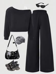 SHEIN 2pcs/Set Tween Girls ME Loose Design Asymmetric Shoulder Colorblock Print Long Sleeve Top And Wide Leg Pants Set, Casual For Daily, Commute, Vacation, Hangout, Street Style, Autumn/Winter