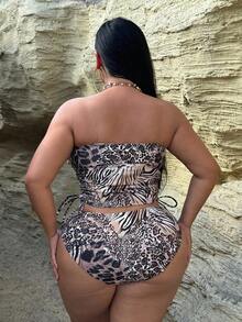 Slaydiva 加大码分体泳衣两件套，简约休闲夏季女式沙滩装，随机印花 - 彩色 - 查看 2