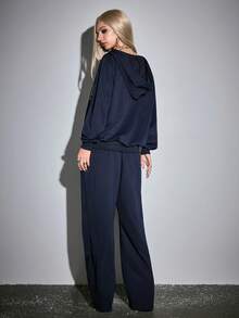 ROMWE Avant Bộ 2 áo hoodie có khóa kéo in nốt nhạc thường ngày dành cho nữ và quần dài - Màu xanh hải quân - Xem 3
