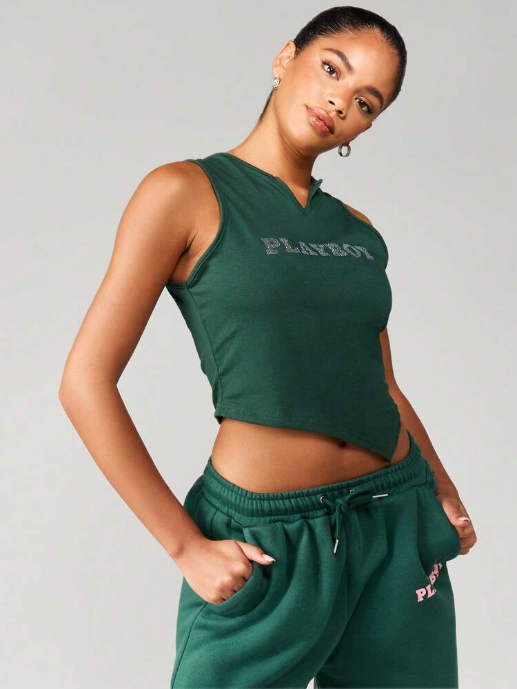 Missguided x Playboy Luxurious Crystal Studded Bunny Logo Sleeveless Crop Top Fashion Statement Piece Glamorous Evening Party Fitted Tank
