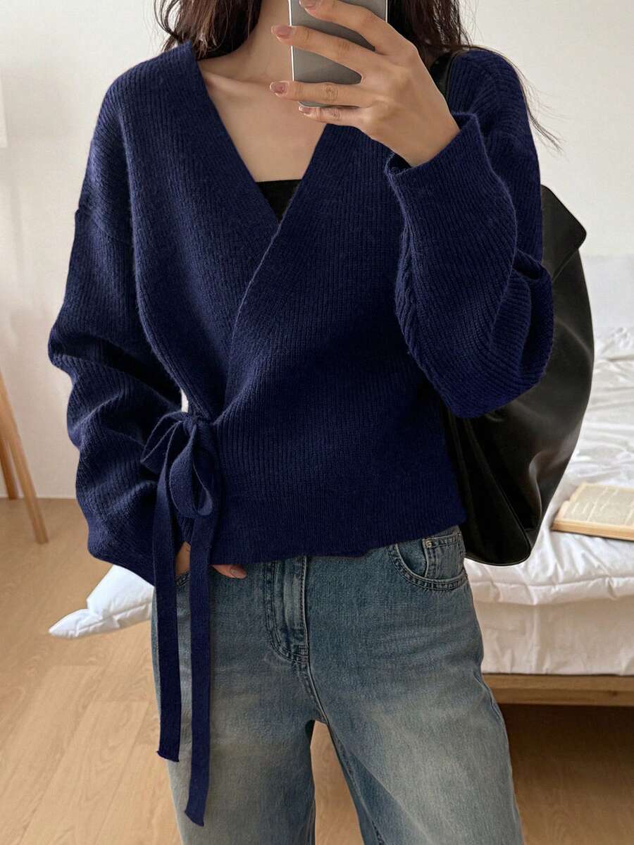DAZY 女士休闲日常通勤简约纯色落肩宽松系带开衫,秋冬商务休闲女装 - 藏蓝色 - 查看 1