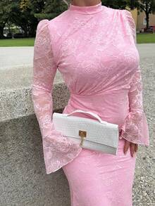 Jeta Ari Vestido de sirena blanco de cintura alta con mangas abullonadas de encaje, elegante y romántico para fiesta de boda, vacaciones, primavera/verano - Rosa - Ver 3