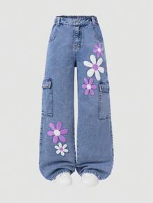 SHEIN ChillGRL 青少年女孩時尚刺繡寬腿工裝牛仔褲，春夏秋冬 Y2K 90年代女孩/幼兒時尚雪花水洗破舊刺繡喇叭褲，紫色 Y2K - 淺色水洗藍 - 查看 7