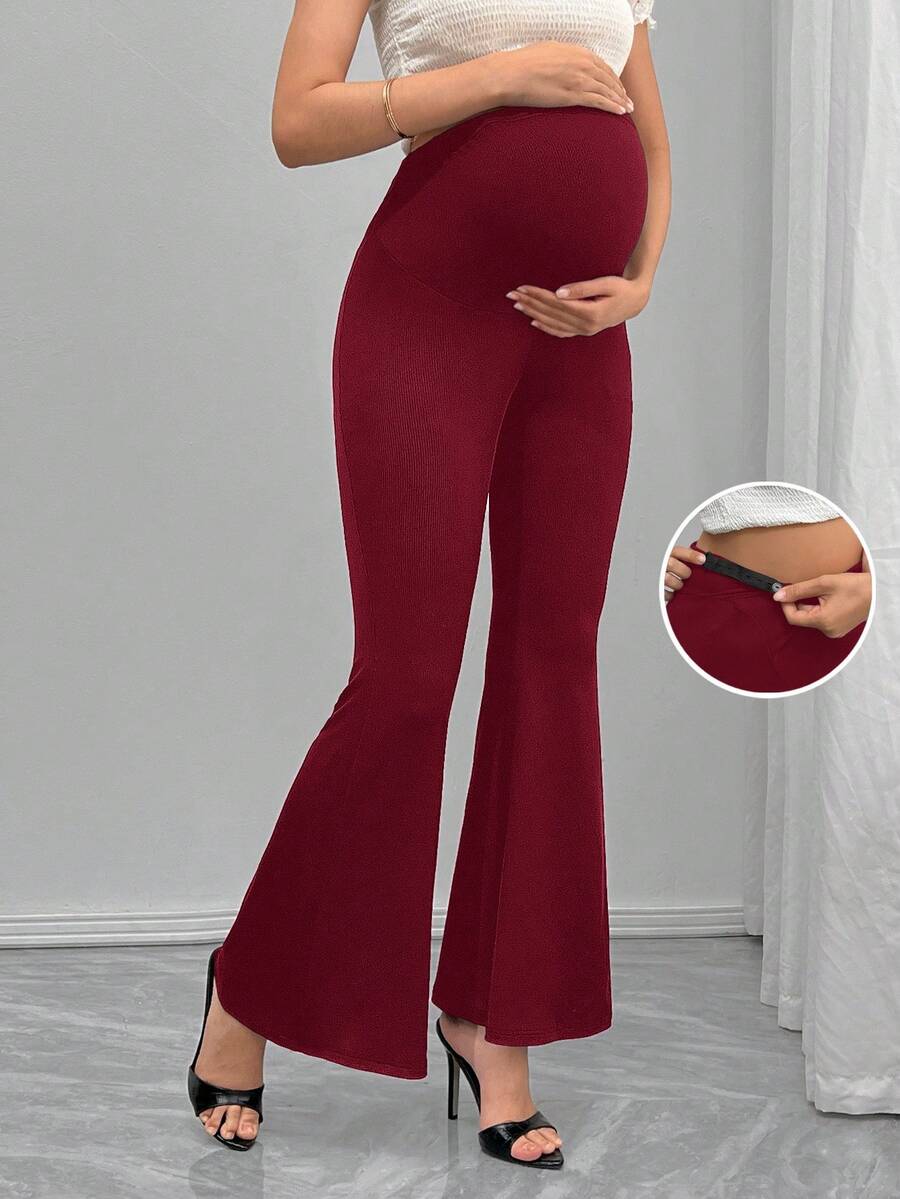 SHEIN 孕妇高腰时尚裤,带腹部支撑,喇叭腿 - 酒紅色 - 查看 1