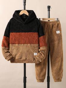 2pcs Tween Boys Casual Fleece Patchwork Contrast Color Hoodie Sweatshirt And Solid Color Sweatpants Set, Autumn/Winter - Brown - View 1