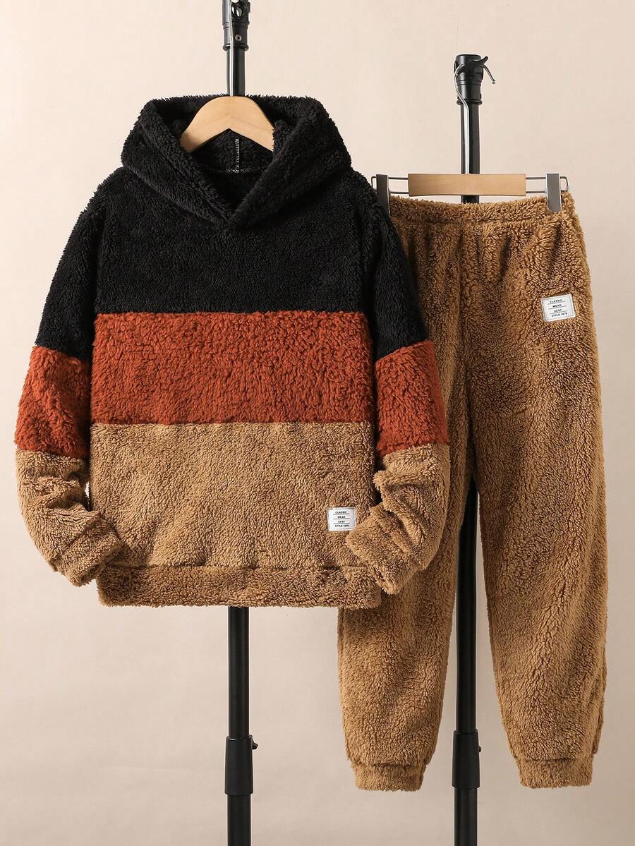 2pcs Tween Boys Casual Fleece Patchwork Contrast Color Hoodie Sweatshirt And Solid Color Sweatpants Set, Autumn/Winter - Brown - View 1