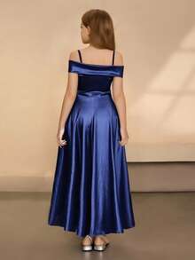 Tween Girls' Elegant Navy Blue Winter Formal Wedding Guest Satin Dress,Off Shoulder Sleeveless Waist-Cinched High Low Hem Prom Birthday Party Gown - Blue - View 2