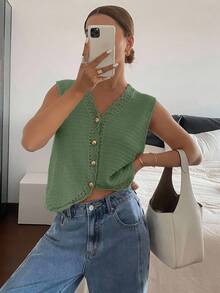SHEIN Frenchy 秋冬女士纯色单排扣V领休闲针织背心 - 墨綠色 - 查看 6