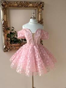 Lovelzi Elegant, Romantic, Dignified, Spring And Summer, Light Pink, Mesh, Three-Dimensional Flowers, Off The Shoulder, Back Cross Strap, Graduation Dress, Wedding, Concert Dress, Vacation Dress, Cute Summer, Prom Dress, Wedding Guest Dress, Party Dress,Graduation,Graduation Dresses For Women,Back To School Dress