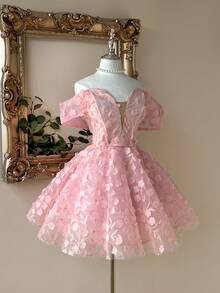 Lovelzi Elegant, Romantic, Dignified, Spring And Summer, Light Pink, Mesh, Three-Dimensional Flowers, Off The Shoulder, Back Cross Strap, Graduation Dress, Wedding, Concert Dress, Vacation Dress, Cute Summer, Prom Dress, Wedding Guest Dress, Party Dress,Graduation,Graduation Dresses For Women,Back To School Dress