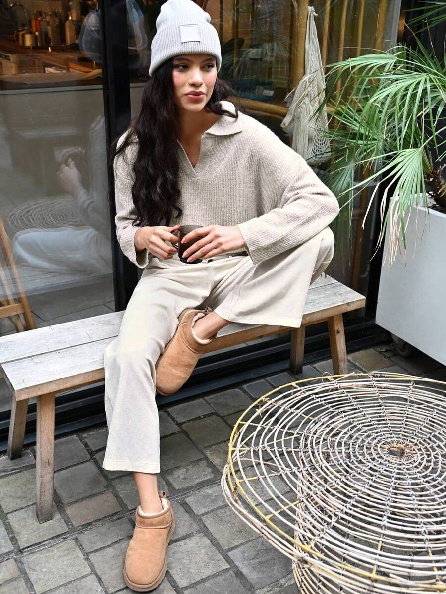 Siren Gaze Quarter Zip Drop Shoulder Sweater,Ladies Spring/Fall Casual Long Sleeve Oversized Khaki Drop Shoulder Pullovers Women Sweaters - Khaki - View 1