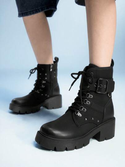 Sugerpunk Women's Buckle Design Casual Chunky Heel Motorcycle Ankle Boots For Christmas