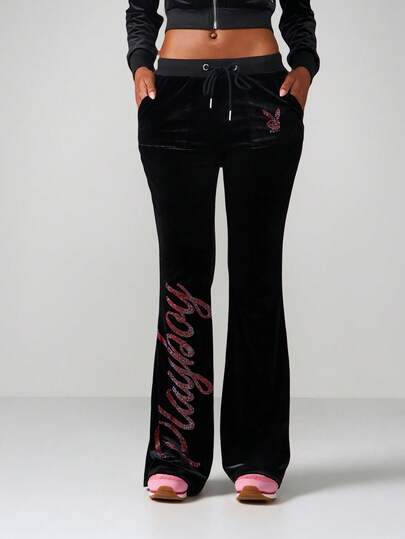 Missguided x Playboy Velvet Fit And Flare Sweatpants With Rhinestone Logo For Loungewear And Casual Wear