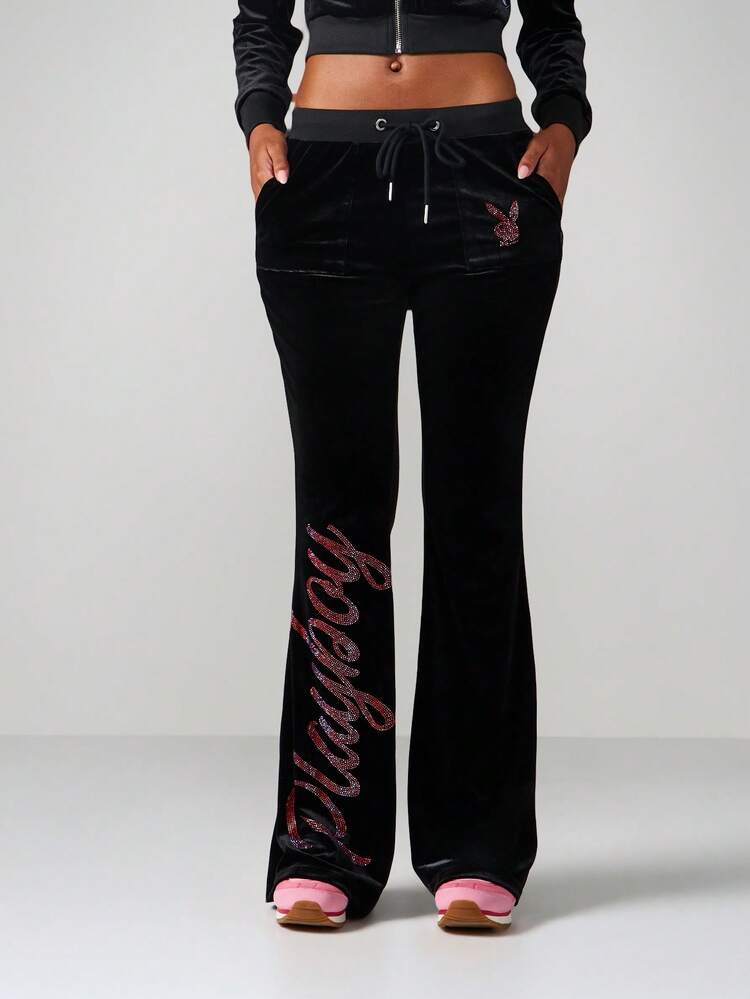 Missguided x Playboy Velvet Fit And Flare Sweatpants With Rhinestone Logo For Loungewear And Casual Wear