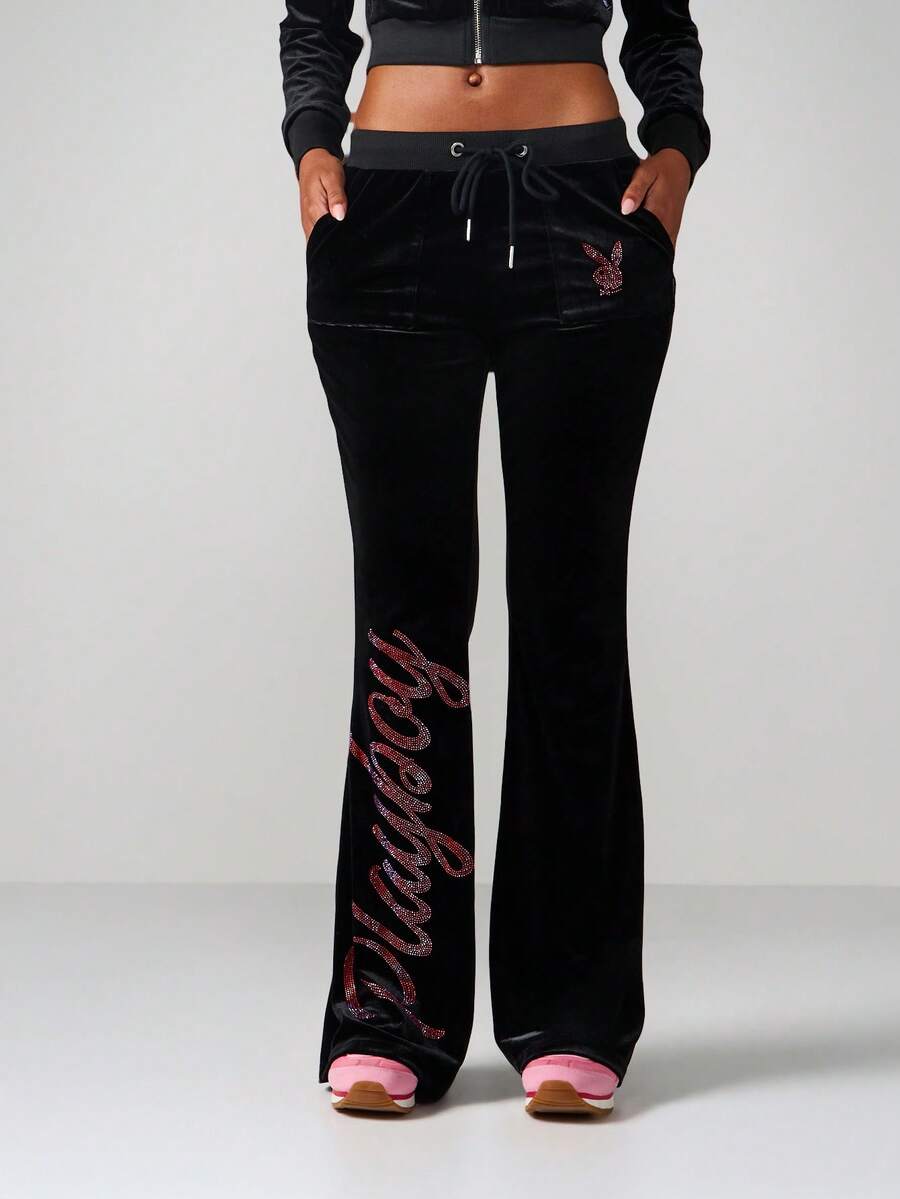 Missguided x Playboy Velvet Fit And Flare Sweatpants With Rhinestone Logo For Loungewear And Casual Wear - Black - View 1