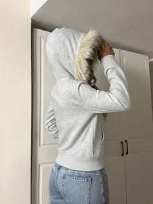 SHEIN EZwear 女士休闲灰色碎花拉链卫衣，适合日常穿着、毕业典礼、返校季、秋冬季节。 - 淺灰色 - 查看 2