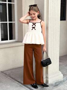 2 件套青少年女孩休闲甜美可爱纹理泡泡褶面料吊带背心上衣和宽松阔腿裤套装，适合日常、度假、郊游、姐妹街拍、春夏季
