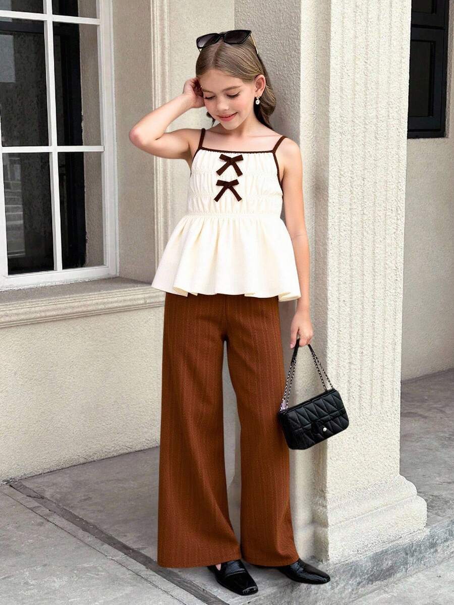 2 件套青少年女孩休闲甜美可爱纹理泡泡褶面料吊带背心上衣和宽松阔腿裤套装，适合日常、度假、郊游、姐妹街拍、春夏季
