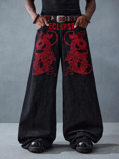 Street Life Jeans larghi da uomo con ricamo di dragone