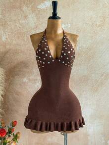 Soleia Váy ngắn cài nút cổ tròn, viền bèo nhún, hở lưng, dáng rộng mới, phù hợp cho kỳ nghỉ ở Ibiza, dễ thương và gợi cảm trên bãi biển, tiệc câu lạc bộ bãi biển, hẹn hò, ngày lễ tình nhân, lễ Phục sinh, lễ hội hóa trang, trà chiều, du ngoạn trên biển, kỳ nghỉ trên phố thành phố, mùa thu/đông, váy dày vừa phải - Cà phê nâu - Xem 3