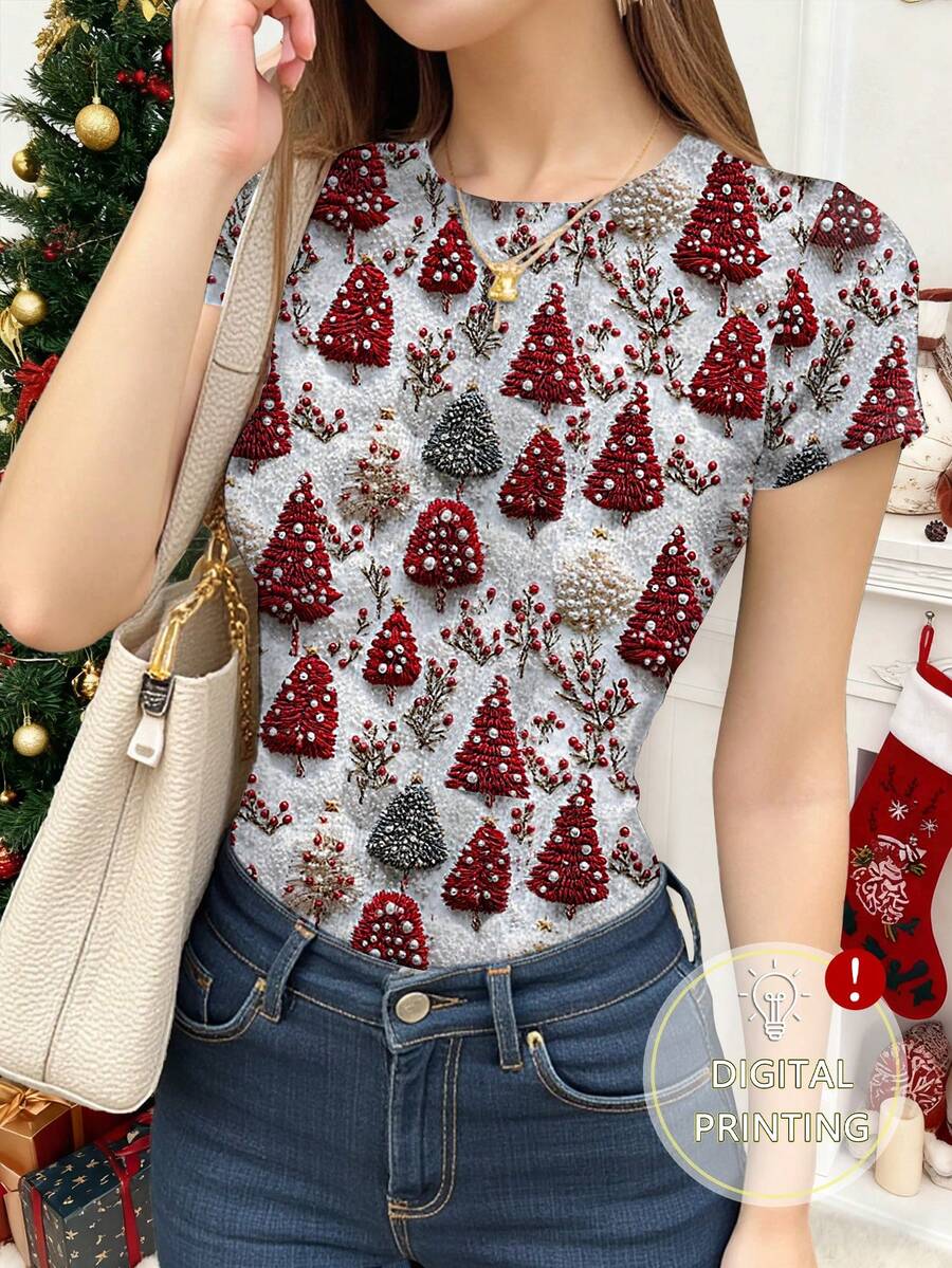 INAWLY 圣诞元素数码印花女式修身圆领T恤，圣诞树图案印花短袖T恤 - 彩色 - 查看 1