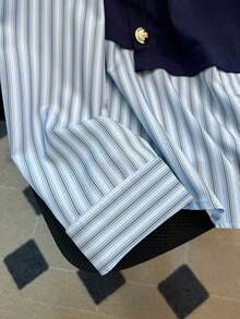 GlowEve CURVE Luźna koszula w paski 2 w 1 w dużym rozmiarze, elegancka bluzka, jednolity kolor i patchworkowe paski - Niebieski - Zobacz 3