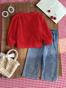 Young Girls T-Shirt Set, Knit Jacquard Top Paired With Straight Leg Jeans, Cherry Embroidery, Casual, Minimalist, Fashion Style, Suitable For Outings, Autumn/Winter Season - Red - View 3