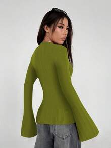 SHEIN Unity Áo len bó tay chuông màu trơn thời trang dành cho nữ, Thu/Đông - xanh quân đội - Xem 2