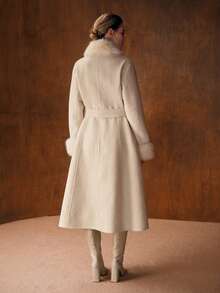 MOTF PREMIUM WOOL ELEGANT FURRY COLLAR BELTED OVERCOAT, AUTUMN/WINTER - White - View 4