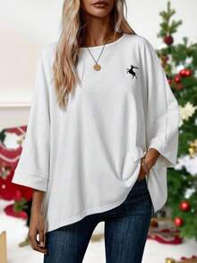 EMERY ROSE Áo thun nữ thêu hình tuần lộc tối giản giản dị cho mùa Giáng sinh, phù hợp cho mùa thu/đông - Nhiều màu - Xem 6