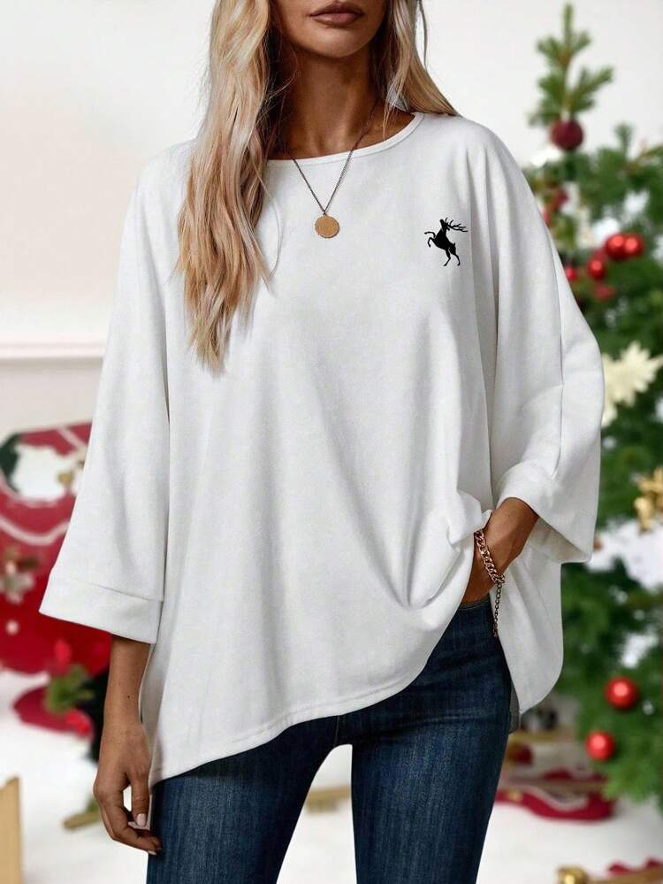 EMERY ROSE 2-Piece Women's Christmas Elk Print T-Shirt Sets,Black N White Autumn Casual Everyday Plus Size Simple Basic Tops For Fall Winter - Multicolor - View 6