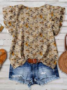 EMERY ROSE 女式休闲 V 领盖袖宽松衬衫，复古碎花 - 彩色 - 查看 2