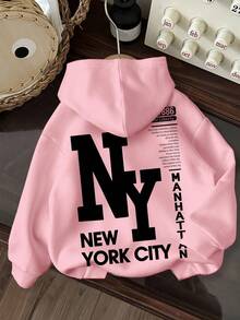 SHEIN EZwear 休闲简约纽约字母图案粉色宽松大码连帽抽绳厚款卫衣，适合秋冬 - 粉色 - 查看 1