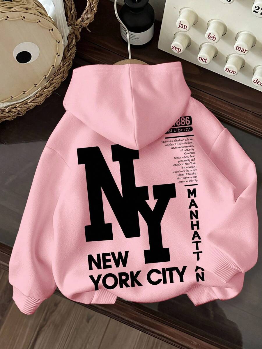 SHEIN EZwear 休闲简约纽约字母图案粉色宽松大码连帽抽绳厚款卫衣,适合秋冬 - 粉色 - 查看 1