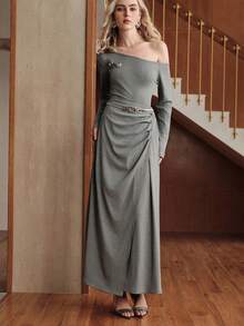 Uhlyne Minimalist Pleated Beaded Sweater & A-Line Button Pleated Skirt Set, Elegant Off Shoulder Knit Sweater & Maxi Skirt, Artistic Design, Casual, Party, 2-Piece Set - Dark Grey - View 6