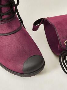 OUTDOORSY Mid-Calf Lace-Up Flat Rain Boots For Christmas And New Year Holiday Vibe Fall And Winter - Burgundy - View 3
